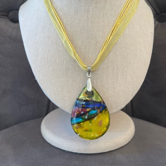 Blown Art Glass Tear Drop Pendant With Yellow Ribbon Necklace